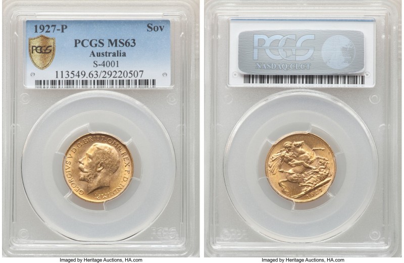 George V gold Sovereign 1927-P MS63 PCGS, Perth mint, KM29, S-4001. Choice, with...