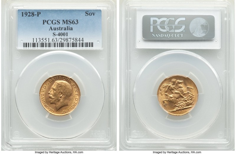 George V gold Sovereign 1928-P MS63 PCGS, Perth mint, KM29, S-4001. Appealing an...