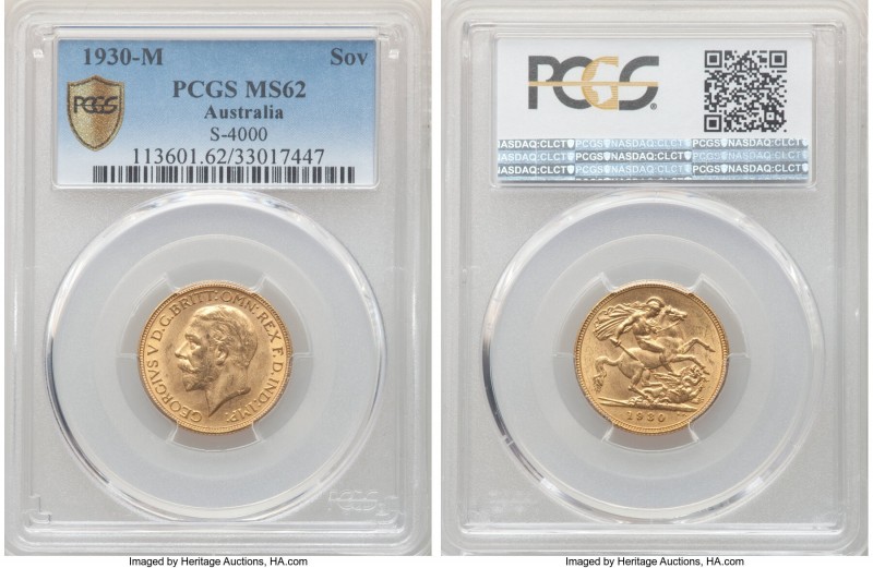 George V gold Sovereign 1930-M MS62 PCGS, Melbourne mint, KM32, S-4000. Lightly ...