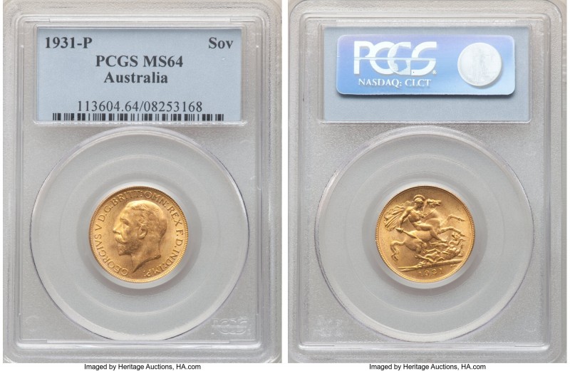 George V gold Sovereign 1931-P MS64 PCGS, Perth mint, KM32. Marked by blooming m...