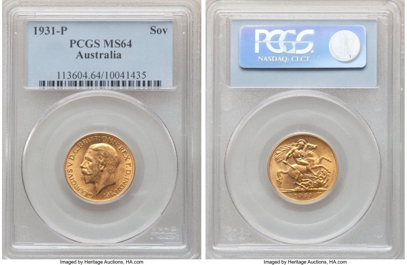George V gold Sovereign 1931-P MS64 PCGS, Perth mint, KM32. Tangerine-gold and d...