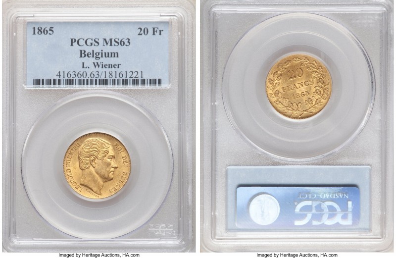 Leopold I gold 20 Francs 1865 MS63 PCGS, KM23. L. WIENER variety. Endowed with g...