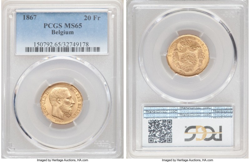 Leopold II gold 20 Francs 1867 MS65 PCGS, KM32. Expressing consistently sound re...