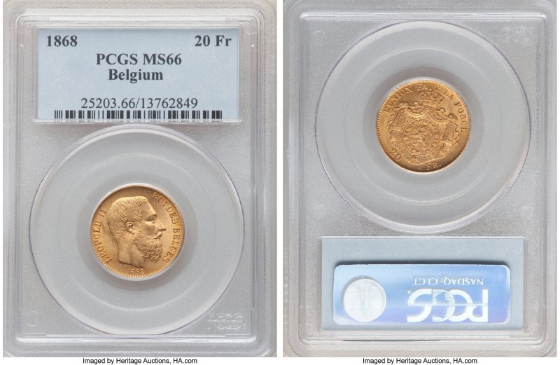 Leopold II gold 20 Francs 1868 MS66 PCGS, KM32. The single finest example of the...