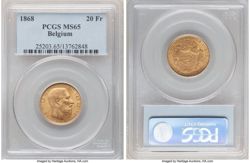 Leopold II gold 20 Francs 1868 MS65 PCGS, KM32. A true gem blanketed in golden f...