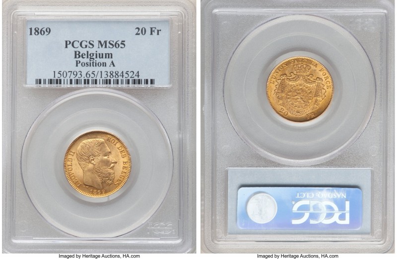 Leopold II gold 20 Francs 1869 MS65 PCGS, KM32. Position A variety. A bright exa...