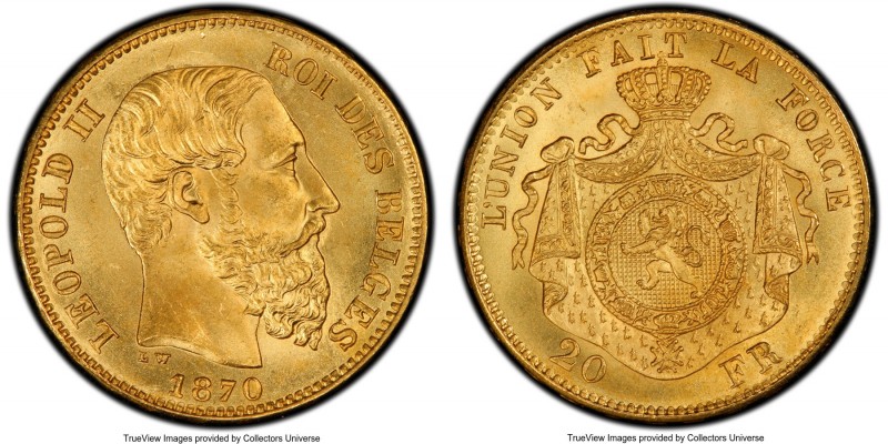 Leopold II gold 20 Francs 1870 MS66 PCGS, KM37. Long Beard variety. A jewel of i...