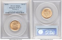 Leopold II gold 20 Francs 1870 MS66 PCGS, KM37. Position A variety. Long Beard variety. A well-struck selection admitting no flaws of note. 

HID09801...