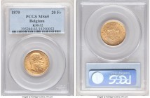 Leopold II gold 20 Francs 1870 MS65 PCGS, KM32. Long Beard variety. Clear of any significant distractions and featuring a well-pronounced cartwheel ef...