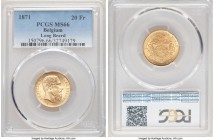 Leopold II gold 20 Francs 1871 MS66 PCGS, KM37. Long Beard, Narrow Date variety. A straw-gold example bearing virtually no flaws of note over highly l...