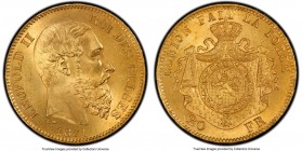 Leopold II gold 20 Francs 1871 MS66 PCGS, KM37. Long Beard, Narrow Date variety. Revealing whirling cartwheel luster throughout carefully handled surf...