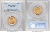 Leopold II gold 20 Francs 1871 MS65+ PCGS KM37. Short Beard, Narrow Date variety. Glowing with golden luster amidst devices sculpted to admirable clar...