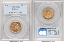 Leopold II gold 20 Francs 1874 MS66 PCGS, KM37. Short Beard variety. Struck to precise detail with watery brilliance dominating the fields. 

HID09801...