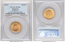 Leopold II gold 20 Francs 1874 MS66 PCGS, KM37. Position A variety. Short Beard. Preserved in a laudable state, and tied for the finest PCGS has yet s...