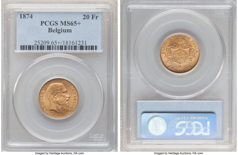 Leopold II gold 20 Francs 1874 MS65+ PCGS, KM37. Long Beard variety. Exhibiting ...