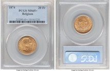 Leopold II gold 20 Francs 1874 MS65+ PCGS, KM37. Long Beard variety. Exhibiting bold relief and exceptional appeal, perhaps only a single inconsequent...