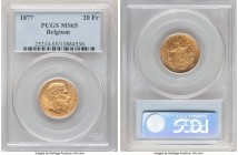 Leopold II gold 20 Francs 1877 MS65 PCGS, KM37. A formidable selection revealing fully realized details and ample brass-gold luster. 

HID09801242017
...
