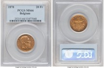 Leopold II gold 20 Francs 1878 MS66 PCGS, KM37. A fully struck offering exuding a pleasing cupric-gold luster. Tied for finest certified across both m...