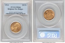 Albert I gold 20 Francs 1914 MS66 PCGS, KM78. French legends, Position A variety. Of commendable preservation for the issue with the compounded appeal...