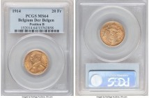 Albert I gold 20 Francs 1914 MS64 PCGS, KM79. Flemish legends, Position B variety. Attractive for the assigned grade, the appeal bolstered by a pleasi...