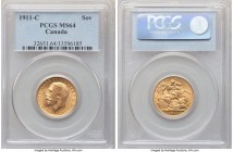 George V gold Sovereign 1911-C MS64 PCGS, Ottawa mint, KM20. A problem-free representative offering nearly full luster and consistently sharp detail. ...