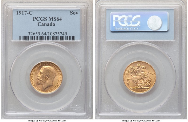 George V gold Sovereign 1917-C MS64 PCGS, Ottawa mint, KM20. A pleasing, lightly...