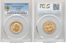 George V gold Sovereign 1919-C MS63+ PCGS, Ottawa mint, KM20, S-3997. Displaying a uniform strike joined by balanced luster and eye appeal. 

HID09801...