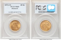 Christian IX gold 20 Kroner 1873 (h)-CS MS65 PCGS, Copenhagen mint, KM791.1. Well-struck and endowed with a satiny luster hardly disturbed by handling...