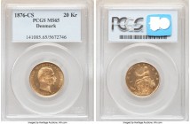 Christian IX gold 20 Kroner 1876 (h)-CS MS65 PCGS, Copenhagen mint, KM791.1. Sharply struck, with mirrorlike fields. An enviable example of its type. ...