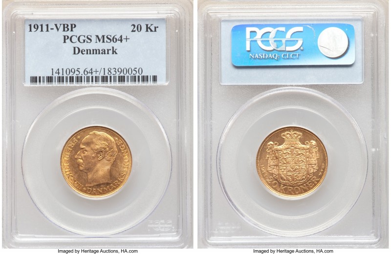 Frederick VIII gold 20 Kroner 1911 (h)-VBP MS64+ PCGS, Copenhagen mint, KM810. A...