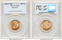 Christian X gold 20 Kroner 1913 (h)-VBP MS66 PCGS, Copenhagen mint, KM817.1. A superb representative bordered by a peripheral ring of orange-gold. 

H...