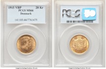 Christian X gold 20 Kroner 1915 (h)-VBP MS66 PCGS, Copenhagen mint, KM817.1. An excellent type representative absent any flaws of note. Tied for fines...