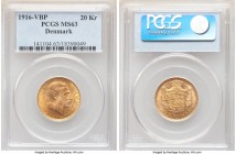 Christian X gold 20 Kroner 1916 (h)-VBP MS63 PCGS, Copenhagen mint, KM817.1. Seemingly punished for mint adjustment to the obverse, though of otherwis...