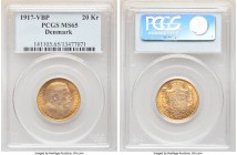 Christian X gold 20 Kroner 1917 (h)-VBP MS65 PCGS, Copenhagen mint, KM817.1. An orange-gold gem exhibiting a high degree of golden brilliance. 

HID09...