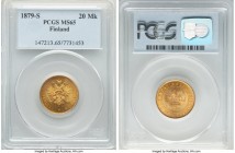 Russian Duchy. Alexander II gold 20 Markkaa 1879-S MS65 PCGS, Helsinki mint, KM9.2. The first year of the type, only a fraction of which certify a sin...
