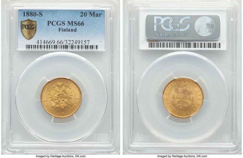 Russian Duchy. Alexander II gold 20 Markkaa 1880-S MS66 PCGS, Helsinki mint, KM9...