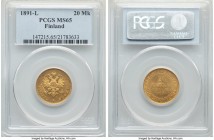 Russian Duchy. Alexander III gold 20 Markkaa 1891-L MS65 PCGS, Helsinki mint, KM9.2. Struck to impressive relief. Tied for the finest example of the d...