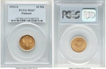 Russian Duchy. Nicholas II gold 10 Markkaa 1913-S MS67 PCGS, Helsinki mint, KM8.2. A sensational jewel example of the type, tied for finest certified....