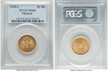 Russian Duchy. Nicholas II gold 20 Markkaa 1910-L MS66 PCGS, Helsinki mint, KM9.2. Exhibiting laudable visual appeal for the type, with only a single ...
