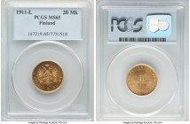 Russian Duchy. Nicholas II gold 20 Markkaa 1911-L MS65 PCGS, Helsinki mint, KM9.2. Luminous and admitting only the faintest signs of contact or handli...