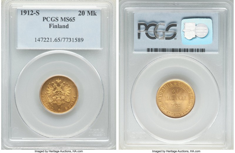Russian Duchy. Nicholas II gold 20 Markkaa 1912-S MS65 PCGS, Helsinki mint, KM9....