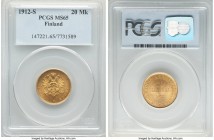 Russian Duchy. Nicholas II gold 20 Markkaa 1912-S MS65 PCGS, Helsinki mint, KM9.2. Flashy and with hardly a single stray mark to be seen over blazing ...