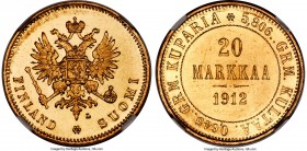 Russian Duchy. Nicholas II gold 20 Markkaa 1912-L MS63 NGC, Helsinki mint, KM9.2. A very rare variety of this date carrying the letter "L" for Johan C...