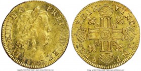 Louis XIV gold Louis d'Or 1649-B MS64 NGC, Rouen mint, KM157.3, Gad-245. Lemon-gold and offering a delightful visual display of scintillating luster t...