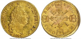Louis XIV gold Louis d'Or 1696-A MS65 NGC, Paris mint, KM302.1, Gad-252. A rare gem-quality example of the issue exhibiting die texturing in the field...