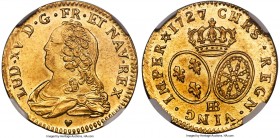 Louis XV gold Louis d'Or 1727/6-BB MS65 NGC, Strasbourg mint, KM489.4, Gad-340. Decidedly scarce in this condition, and with a clear overdate adding f...