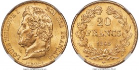 Louis Philippe gold 20 Francs 1848-A MS63 NGC, Paris mint, KM750.1. Luminous across well-kept fields and in every respect a choice example of its type...
