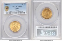 Republic gold 20 Francs 1849-A MS63 PCGS, Paris mint, KM757. Genie/Angel type. Fully choice with bountiful mint luster expressed throughout minimally ...