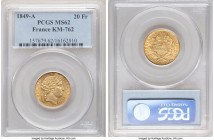 Republic gold 20 Francs 1849-A MS62 PCGS, Paris mint, KM762. Endowed with clear detail across every aspect of the struck features. 

HID09801242017

©...