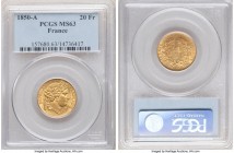 Republic gold 20 Francs 1850-A MS63 PCGS, Paris mint, KM762. Fully uncirculated with uniformly dispersed light friction over lustrous surfaces. 

HID0...